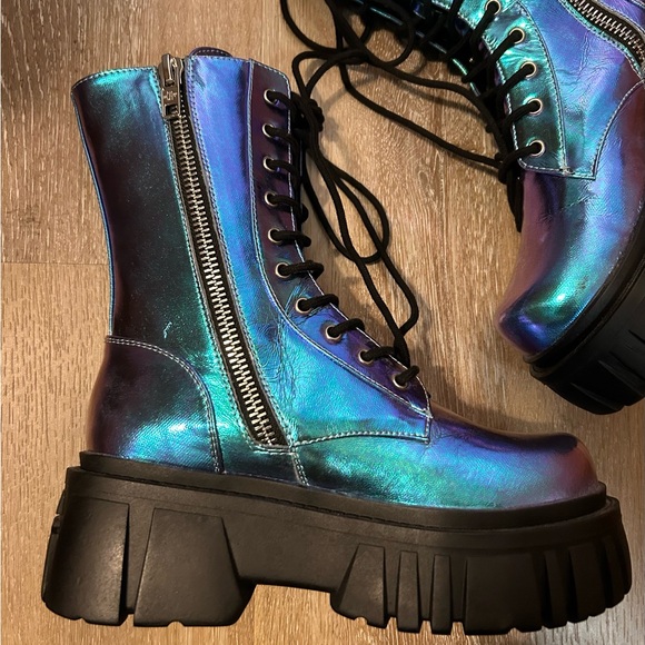 Doll’s Kill Current Mood Metallic Blue Platform Combat Boots Size 8 - Picture 5 of 12